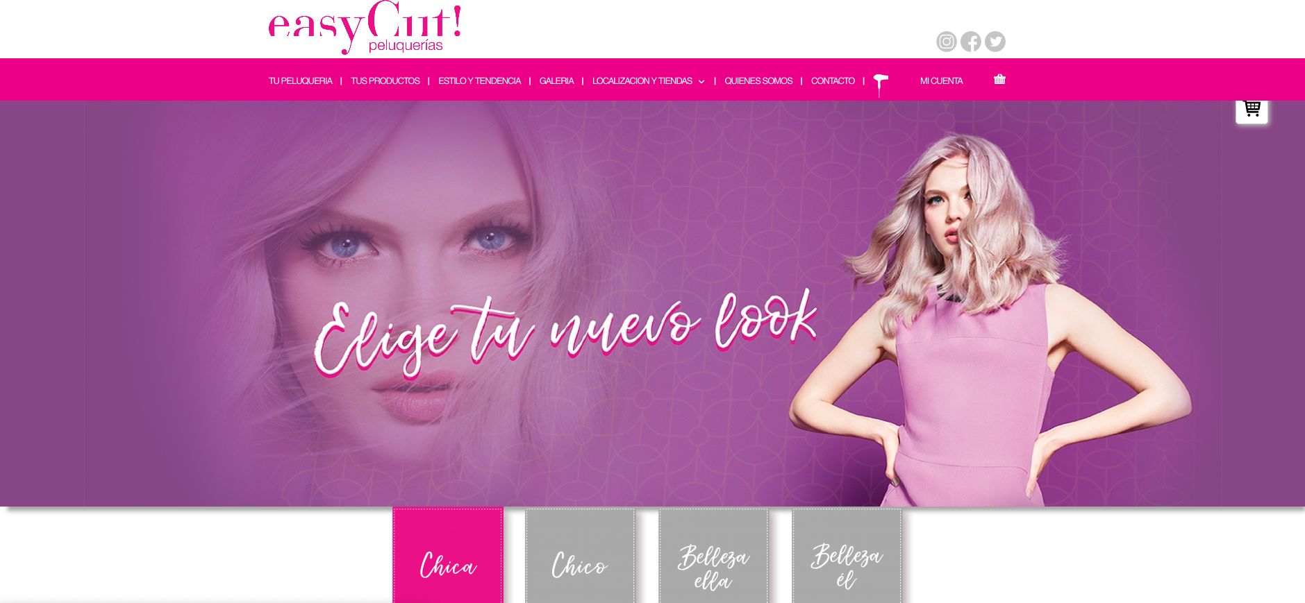 La página de inicio de easycut.es en 2020, con el menú de la tienda y el banner «Elige tu nuevo look»