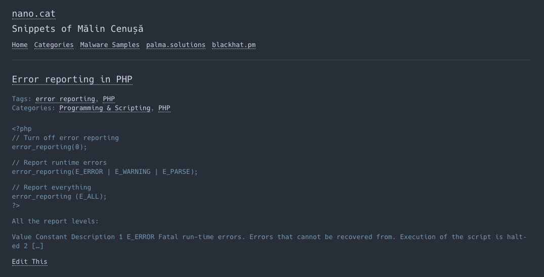 Captura de pantalla del sitio de fragmentos nano.cat que muestra un fragmento de informe de errores de PHP