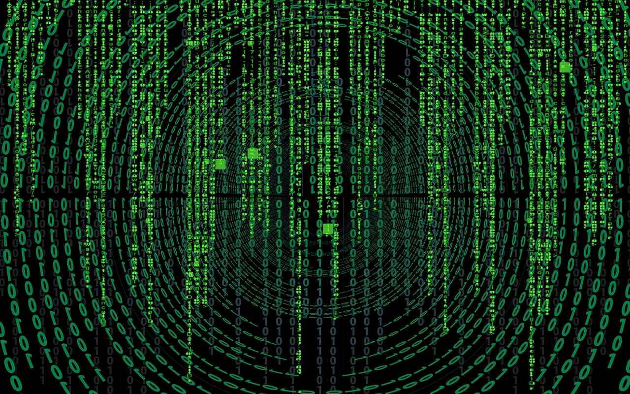 Caractere verzi care cad pe un ecran întunecat, în stil Matrix